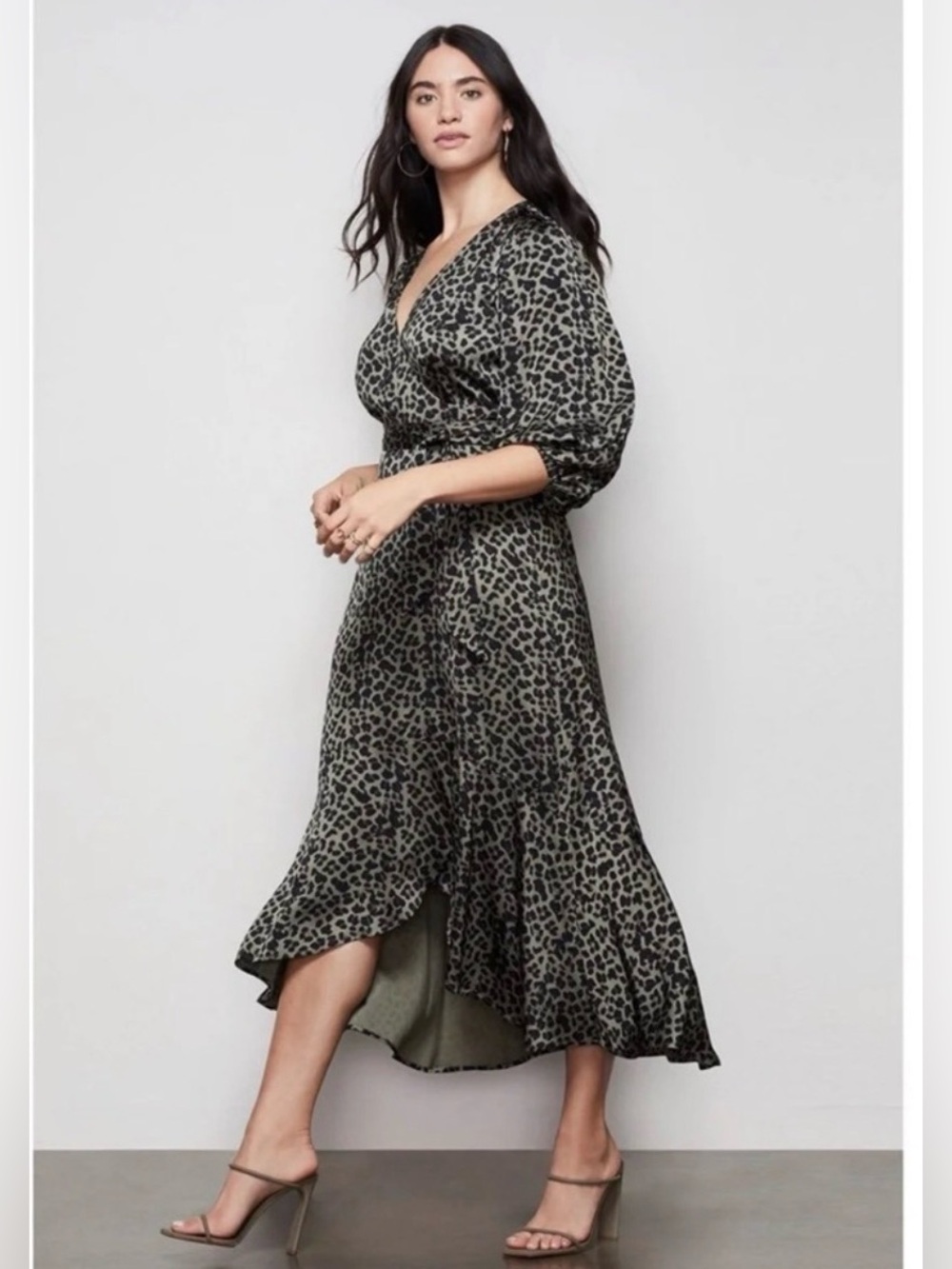Good American Olive and Black Leopard High-Low Midi Dress